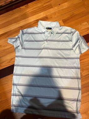 Men's Light Blue Striped Polo Shirt with Navy Accents